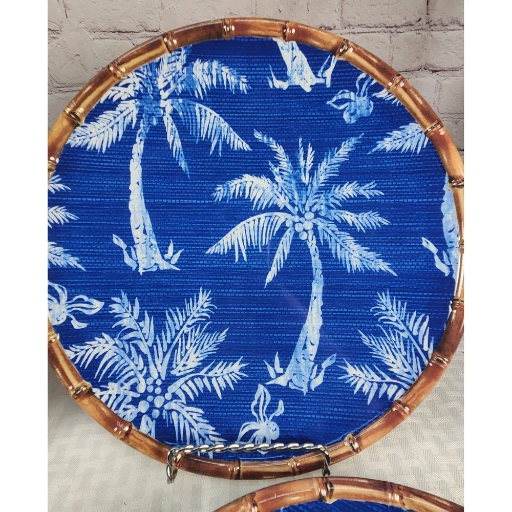 Member's Mark Cobalt Blue White Palm Trees Faux Rattan Trim 6 Melamine Plates